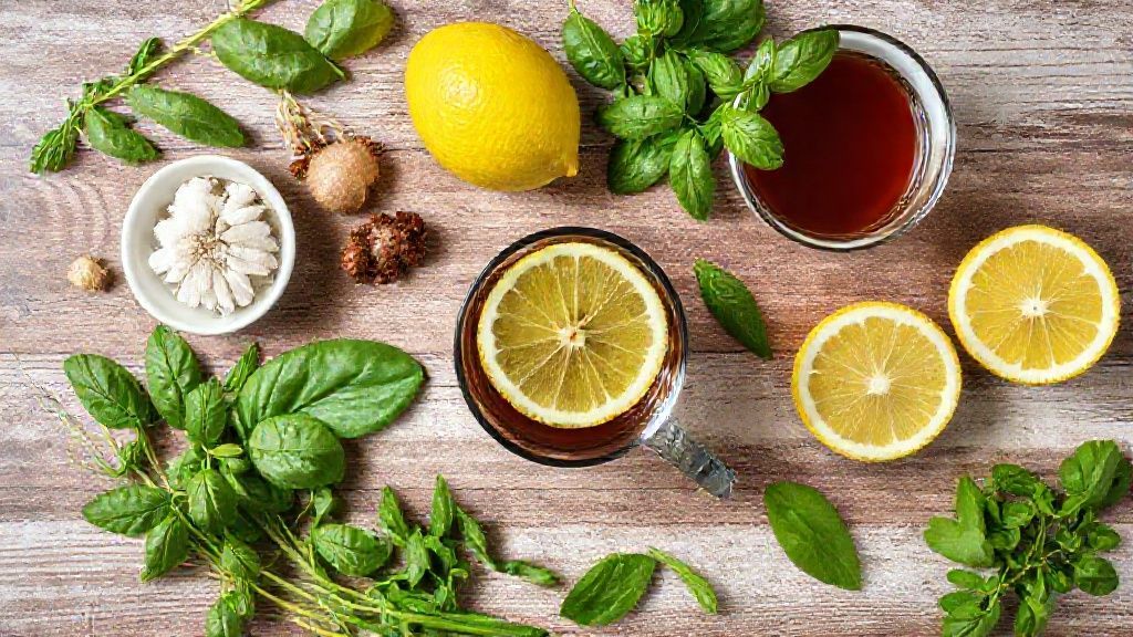 Ingredientes organizados — chá preto, limões, mel e água — vistos de cima sobre bancada de madeira