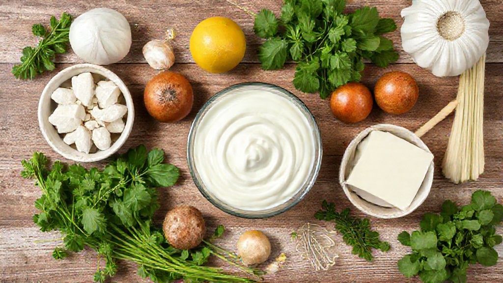 Visão de cima dos ingredientes — chantilly, leite condensado e leite em pó — organizados sobre uma bancada de madeira