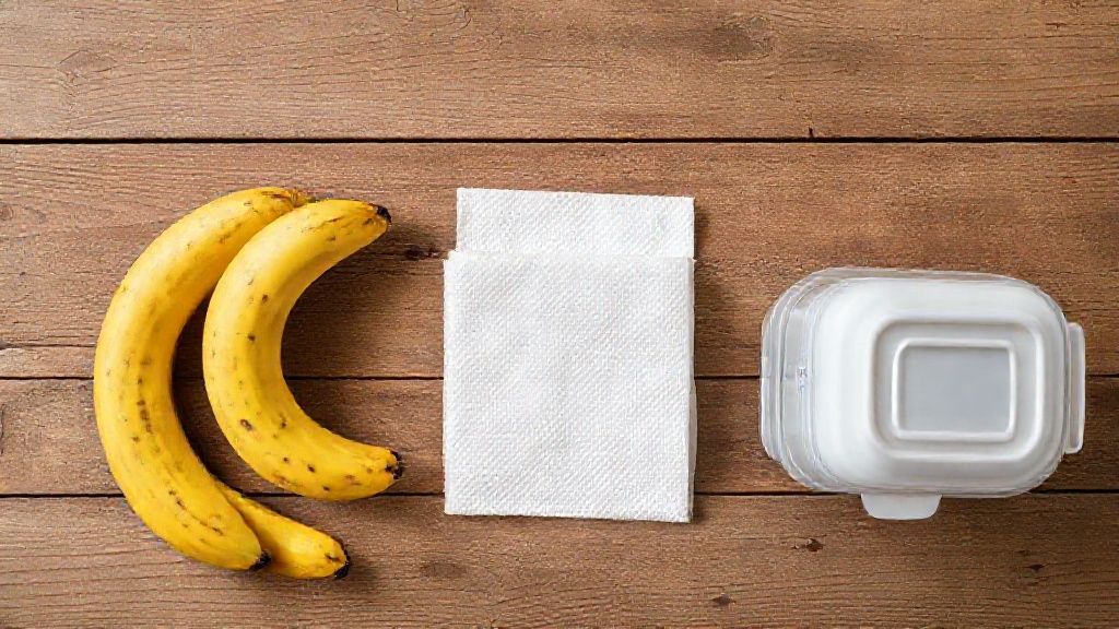 Visão de cima mostrando bananas maduras, papel-toalha e pote com tampa sobre bancada de madeira