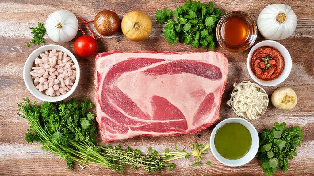 Visão de cima com os ingredientes da costela assada organizados em uma bancada de madeira