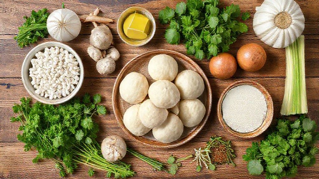 Visão de cima com mandioca, frango desfiado, ovos, farinha e temperos organizados em bancada rústica