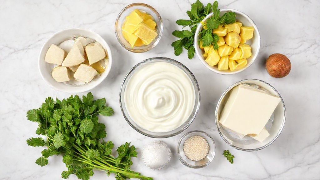 Visão de cima com abacaxi picado, açúcar, leite, leite condensado e manteiga dispostos em uma bancada de mármore