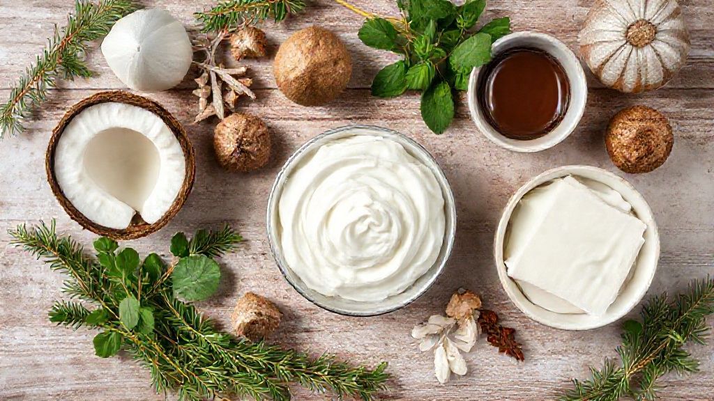 Visão de cima com os ingredientes organizados — coco ralado, leite condensado, leite de coco, chocolate em pó e ameixas