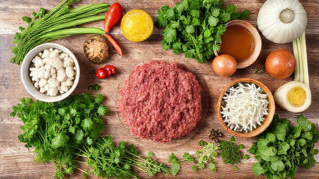 Visão de cima com os ingredientes da receita organizados em uma bancada