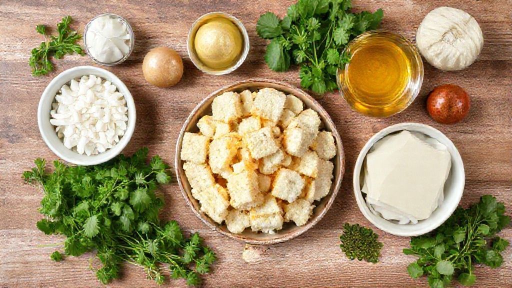 Visão de cima dos ingredientes organizados em bancada: pão em cubos, azeite, alho e ervas
