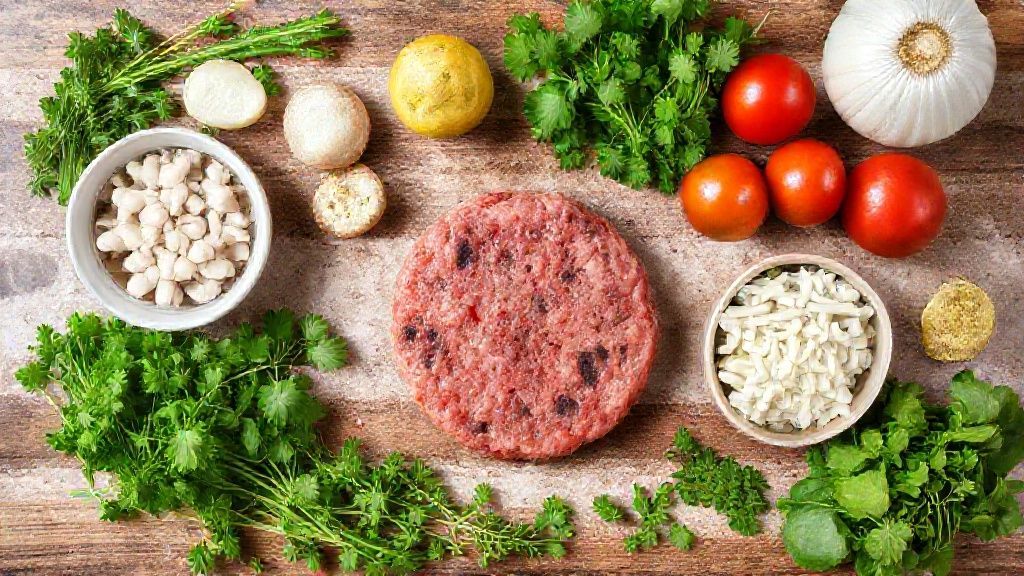 Visão de cima dos ingredientes: carne moída, pão, ovos, farinha e temperos sobre bancada rústica
