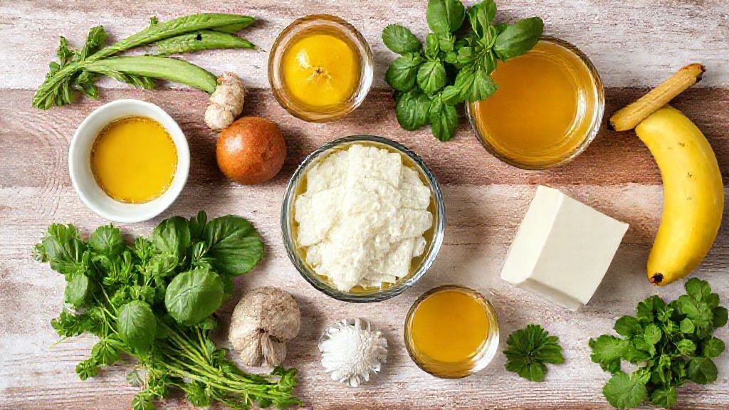 Ingredientes dispostos sobre bancada de madeira — bananas maduras, açúcar e utensílios