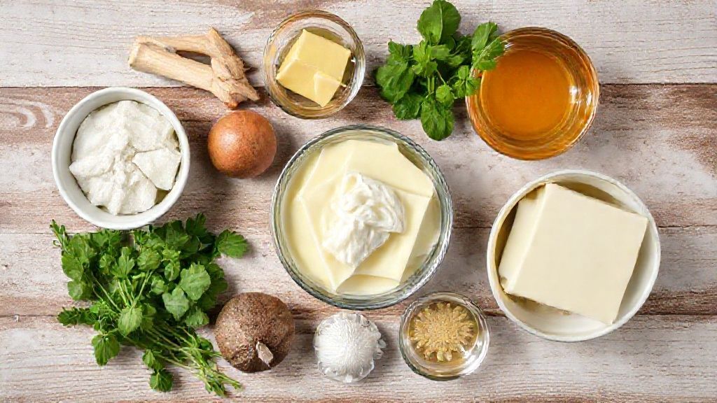 Visão de cima com os ingredientes da receita organizados em uma bancada de madeira