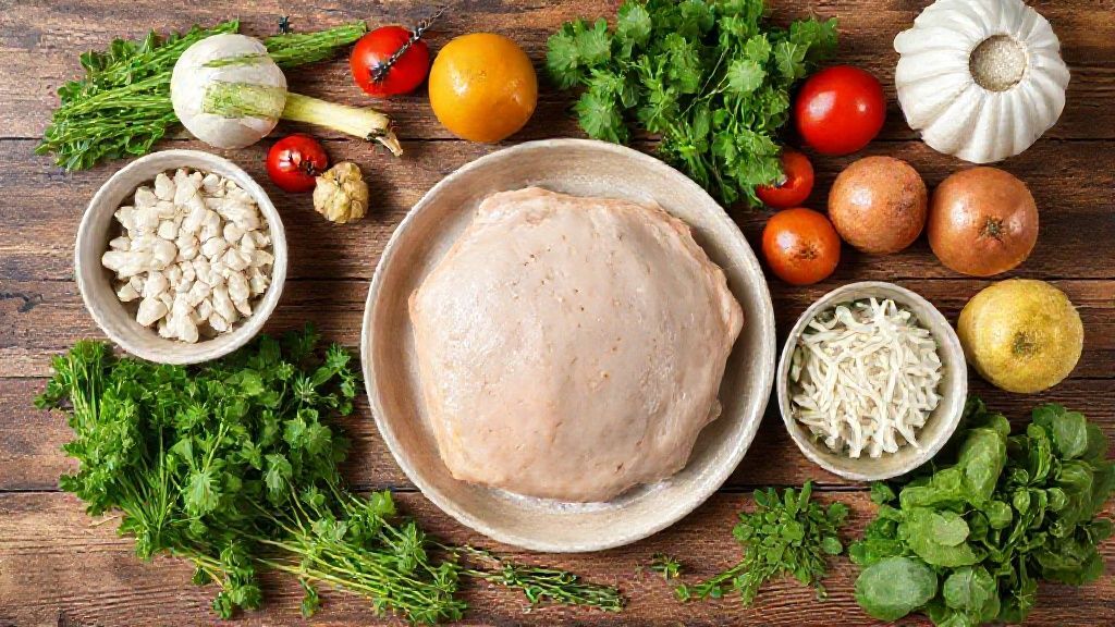 Visão de cima com os ingredientes do empadão de frango organizados em uma bancada de cozinha.