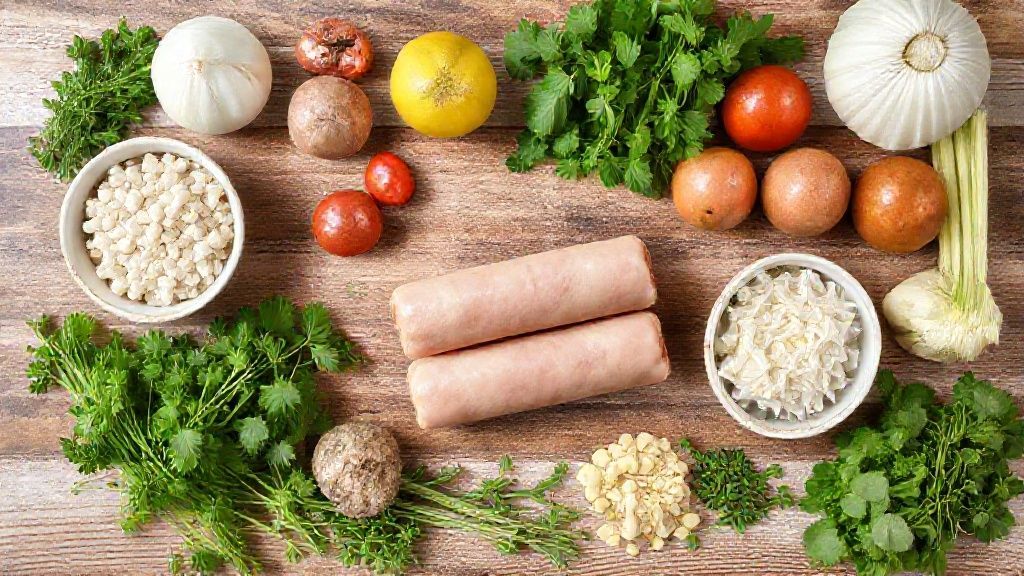 Visão de cima com os ingredientes da receita organizados em uma bancada rústica