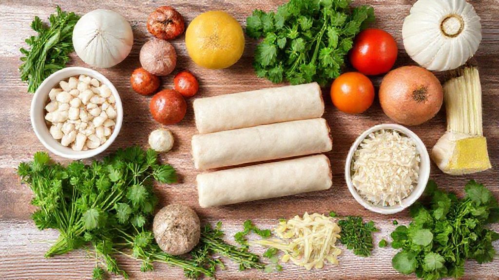 Visão de cima com farinha, leite, ovos, fermento e salsichas dispostos em uma bancada rústica