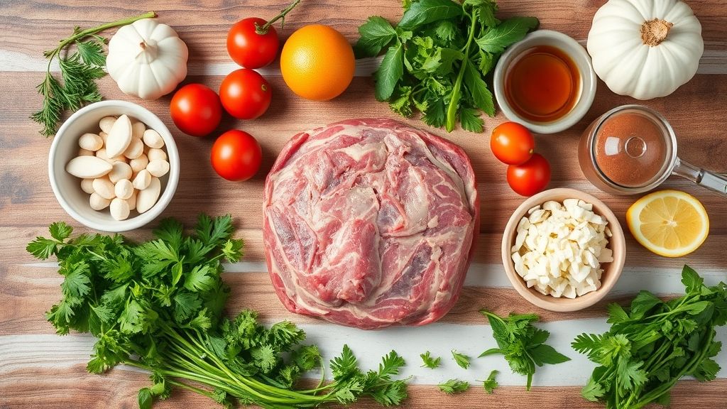 Ingredientes da esfirra de carne dispostos em uma bancada de madeira — farinha, leite, carne moída e temperos