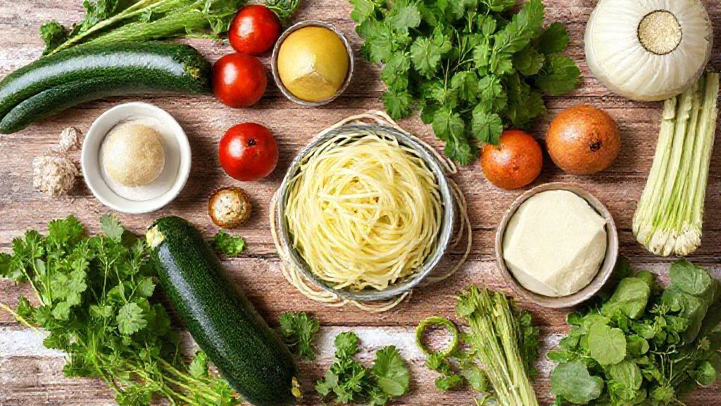 Visão de cima com abobrinhas, tomates, alho, cebola e azeite organizados em bancada de madeira