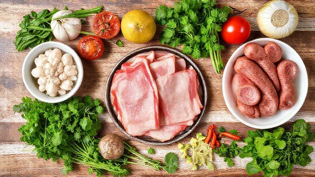 Visão de cima com os ingredientes da farofa — bacon, calabresa, ovos, cenoura e farinha — organizados em uma bancada
