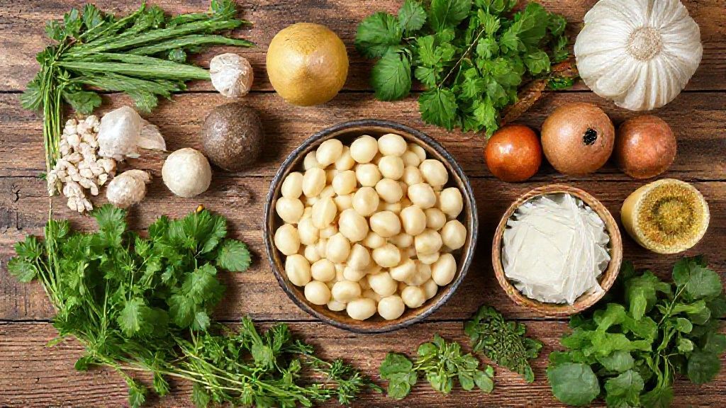 Ingredientes da fava nordestina dispostos em uma bancada rústica, incluindo fava seca, bacon, paio, temperos e ervas