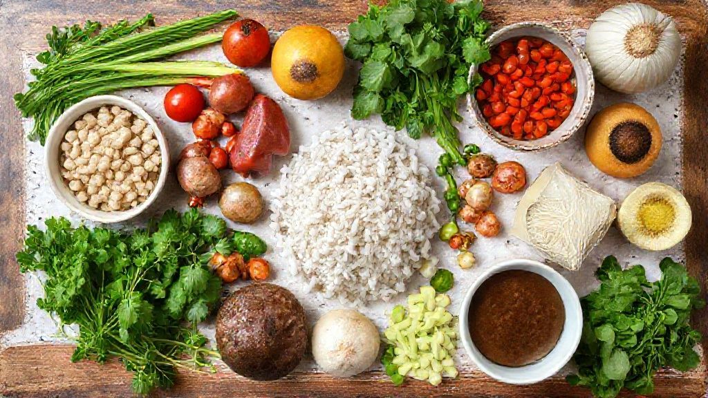 Visão de cima mostrando feijão, carnes, cenoura, tomate e temperos organizados sobre bancada de madeira.