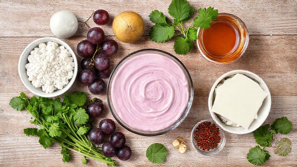 Visão de cima dos ingredientes — gelatina sabor uva, creme de leite e água — organizados em bancada rústica