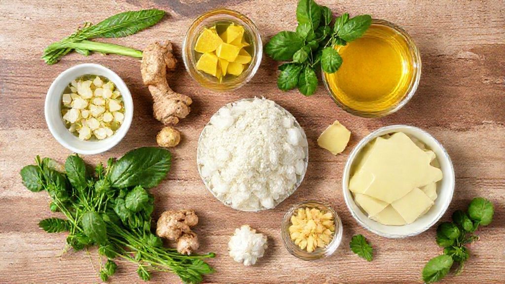 Visão de cima mostrando gengibre fresco fatiado, açúcar e água dispostos em uma bancada de madeira.