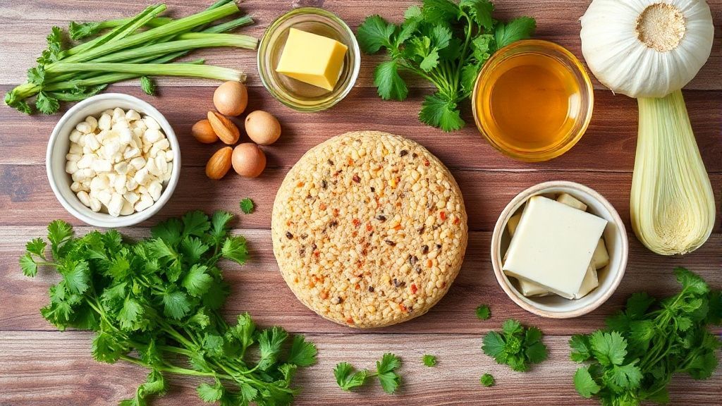 Visão de cima com milho, farinha, cebola, temperos e azeite organizados em uma bancada rústica