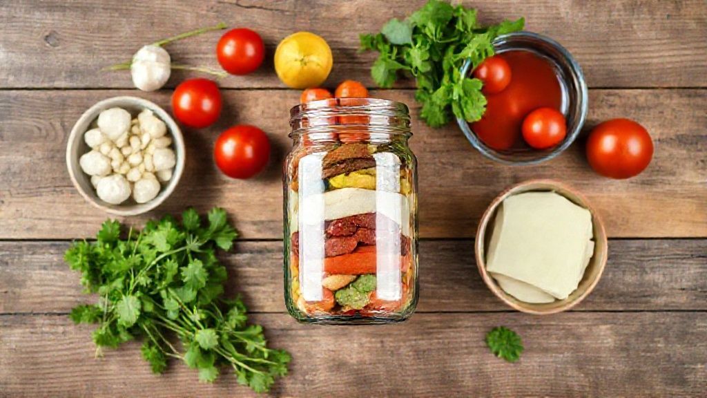 Ingredientes do hot dog no pote dispostos sobre bancada de madeira, incluindo salsichas, pão, purê, molho e batata-palha