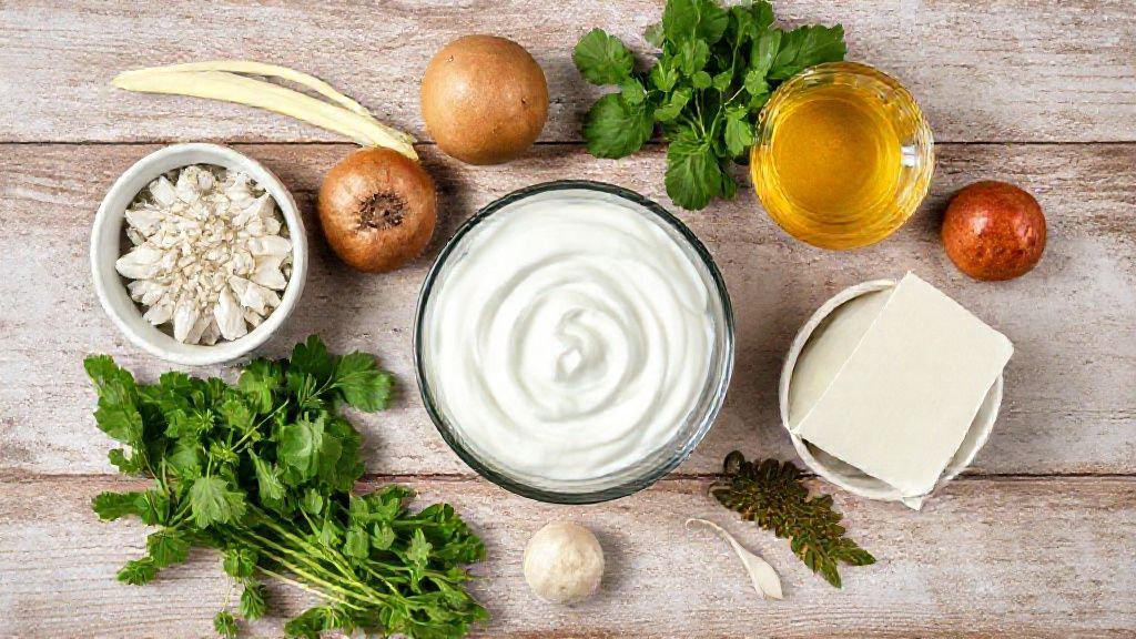 Visão de cima dos ingredientes do iogurte grego — leite, iogurte natural e leite em pó sobre uma bancada