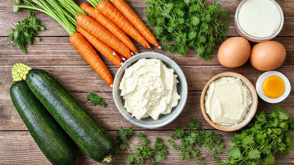Visão de cima com abobrinha, cenoura, ovos, queijos e temperos organizados em uma bancada