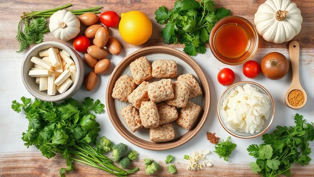 Visão de cima com ingredientes como trigo para kibe, carne moída, cebola, hortelã e temperos dispostos em uma bancada rústica