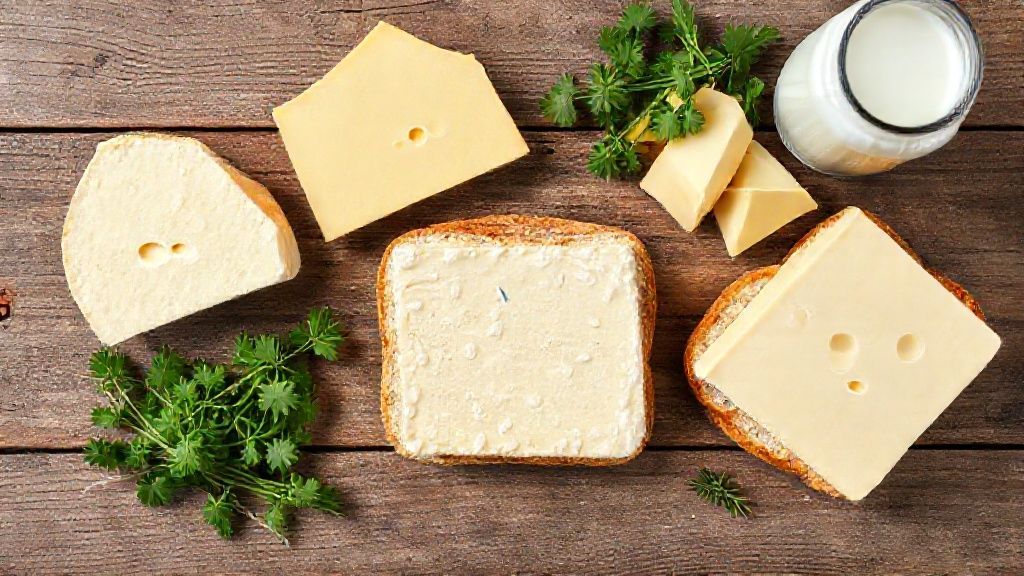 Visão de cima com os queijos, pão de forma, creme de leite e temperos dispostos sobre bancada de madeira.
