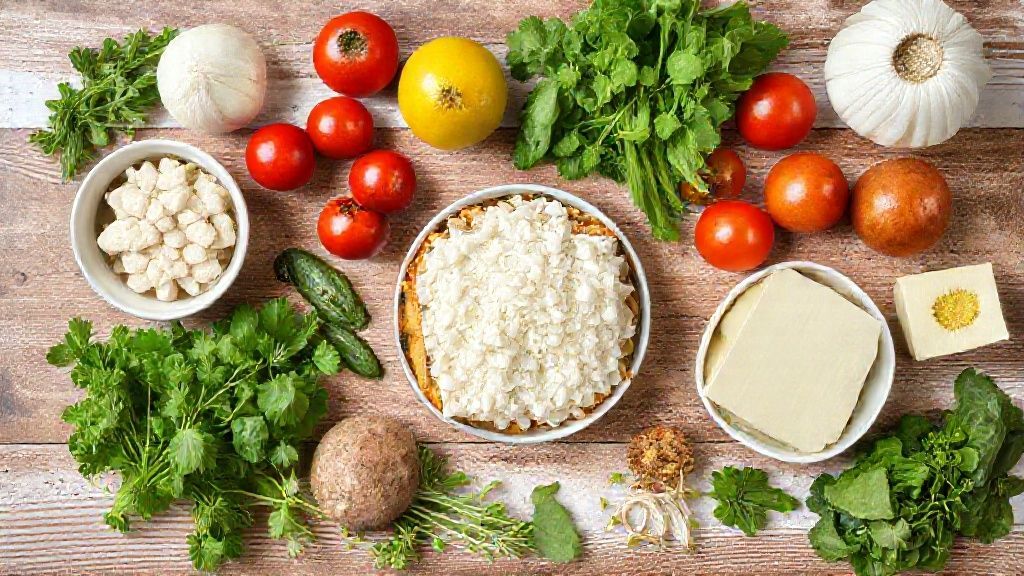 Visão de cima mostrando pão de forma, queijo, presunto, molhos e temperos organizados sobre uma bancada rústica
