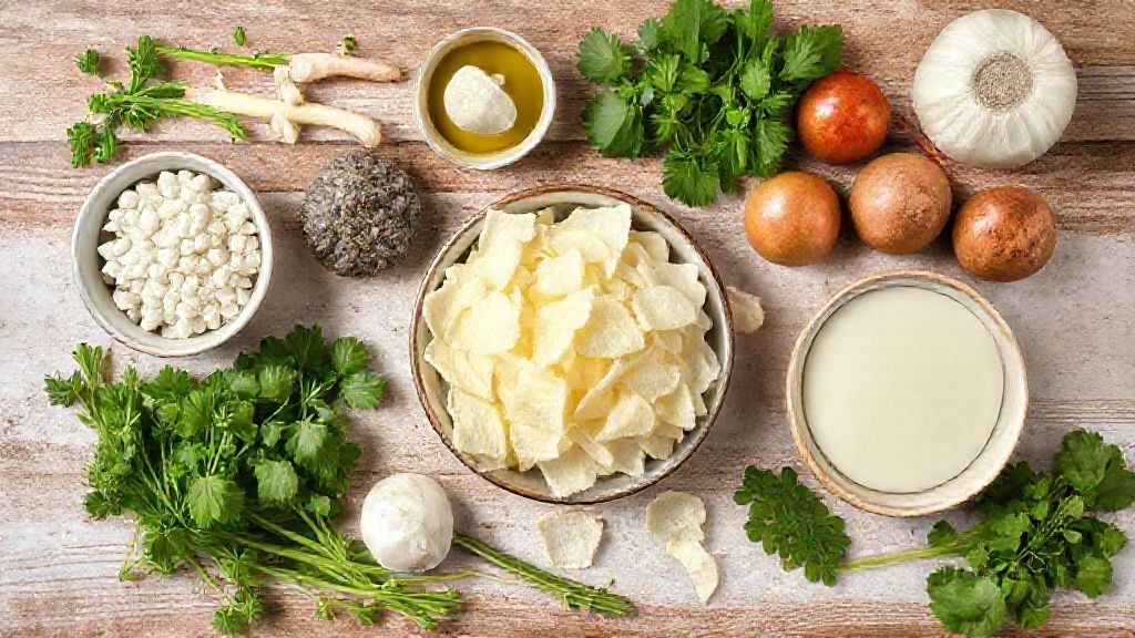 Visão de cima mostrando polvilho azedo, leite, ovo, óleo e sal dispostos em uma bancada clean