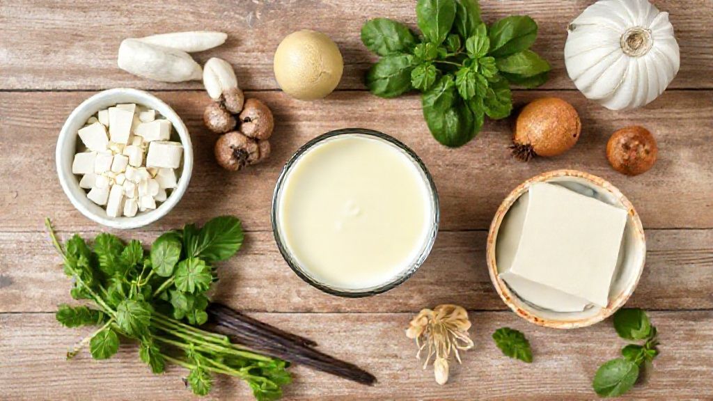 Visão de cima com os ingredientes do latte organizados em uma bancada rústica