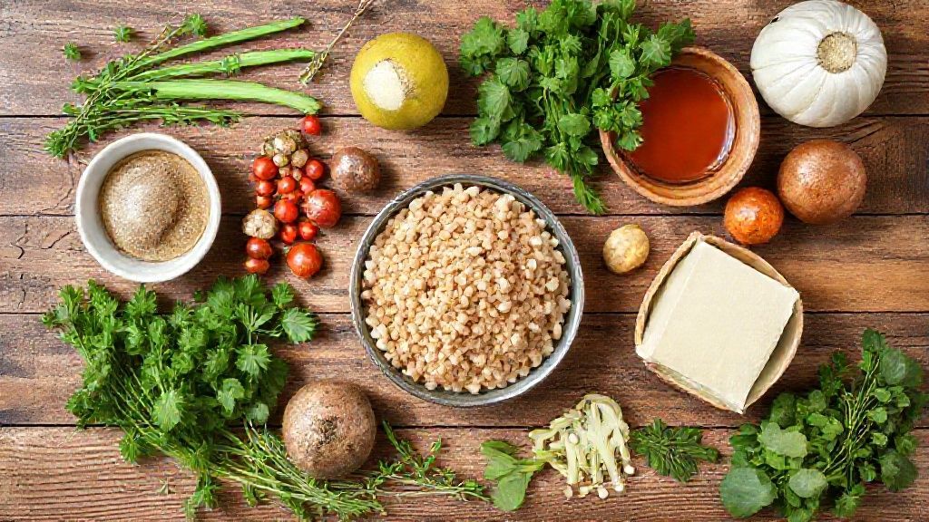 Visão de cima com os ingredientes organizados em uma bancada de madeira, incluindo lentilhas, bacon, legumes e temperos