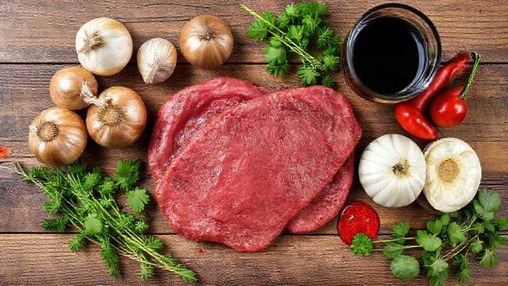 Ingredientes organizados em bancada de madeira, incluindo língua de boi, cebolas, alho, cerveja preta e temperos típicos