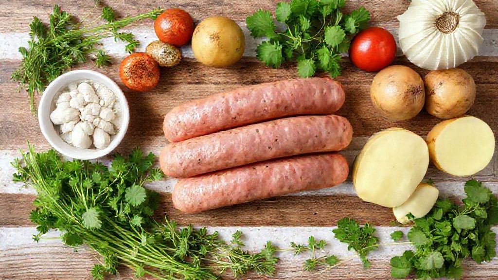 Visão de cima com os ingredientes frescos da receita organizados em uma bancada.