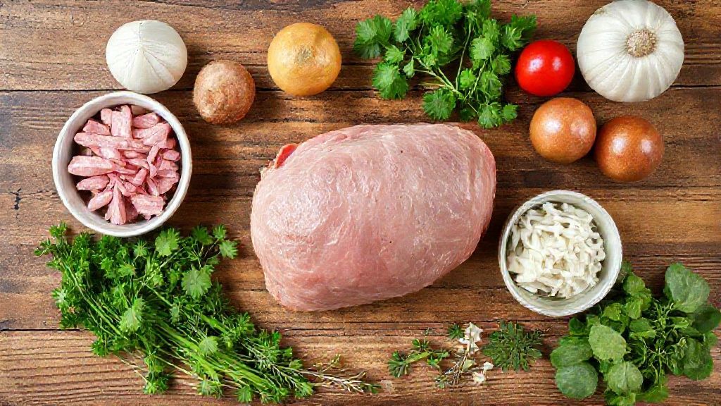 Visão de cima mostrando lombo suíno, bacon, farofa, temperos e calabresa dispostos em uma bancada rústica