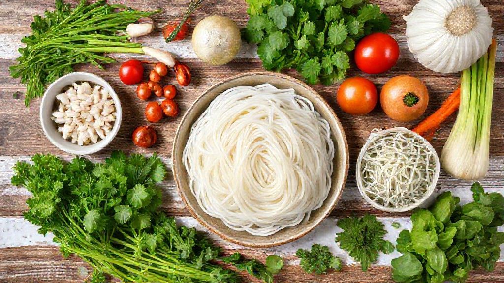 Vista de cima com macarrão de arroz, legumes, shoyu e óleo de gergelim organizados em uma bancada.