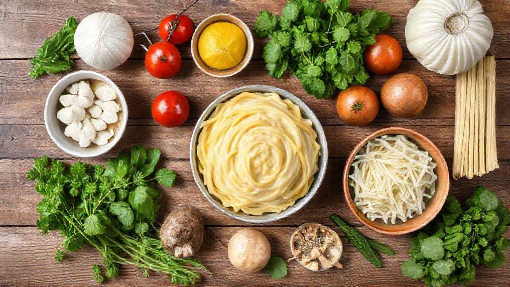 Ingredientes dispostos sobre uma bancada de madeira: macarrão cru, frango, queijo, creme de leite, molho de tomate e temperos