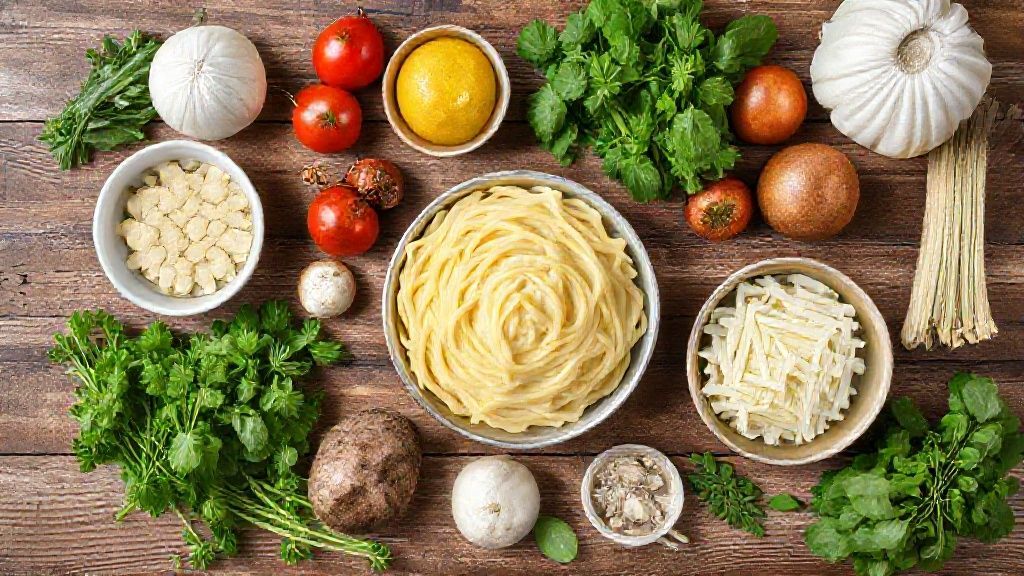 Visão de cima dos ingredientes organizados — macarrão, frango, molho de tomate, creme de leite, queijos e temperos sobre bancada de madeira.