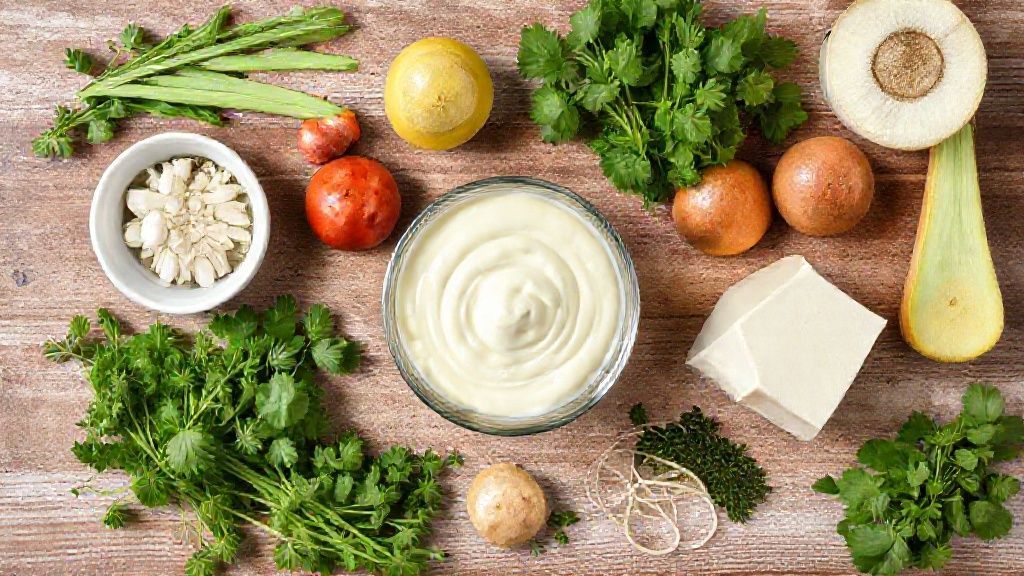 Visão de cima com os ingredientes da maionese sem óleo organizados em uma bancada.