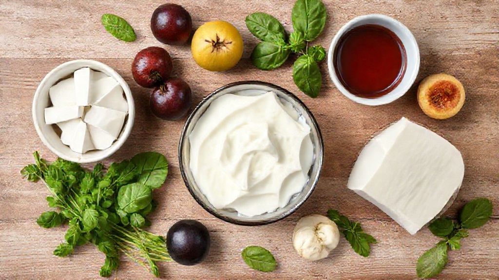 Ingredientes da receita dispostos sobre bancada de madeira: leite, coco ralado, ameixas, açúcar e amido de milho