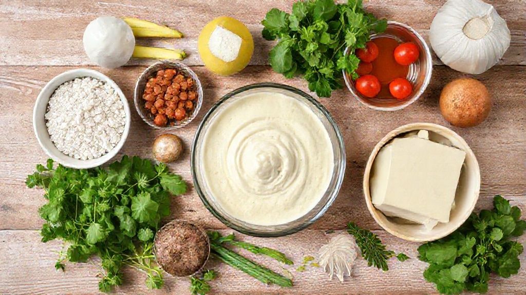 Visão de cima mostrando leite, ovos, farinha, óleo e sal organizados sobre a bancada de cozinha.
