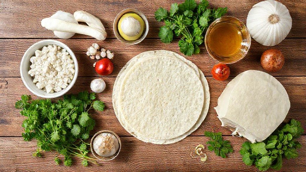 Ingredientes da tapioca — goma hidratada, sal e recheios opcionais — organizados sobre uma bancada