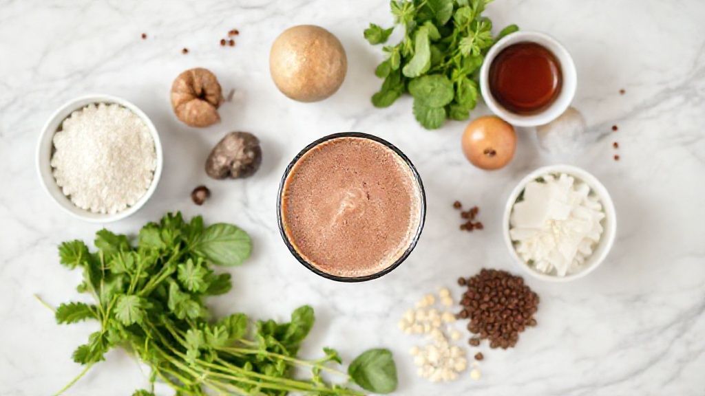 Ingredientes do milkshake de chocolate dispostos em bancada de mármore — sorvete, leite, calda e baunilha