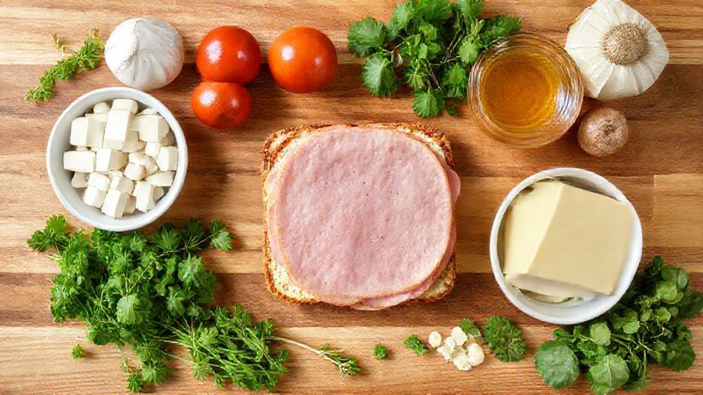 Visão de cima com os ingredientes da receita organizados em uma bancada rústica