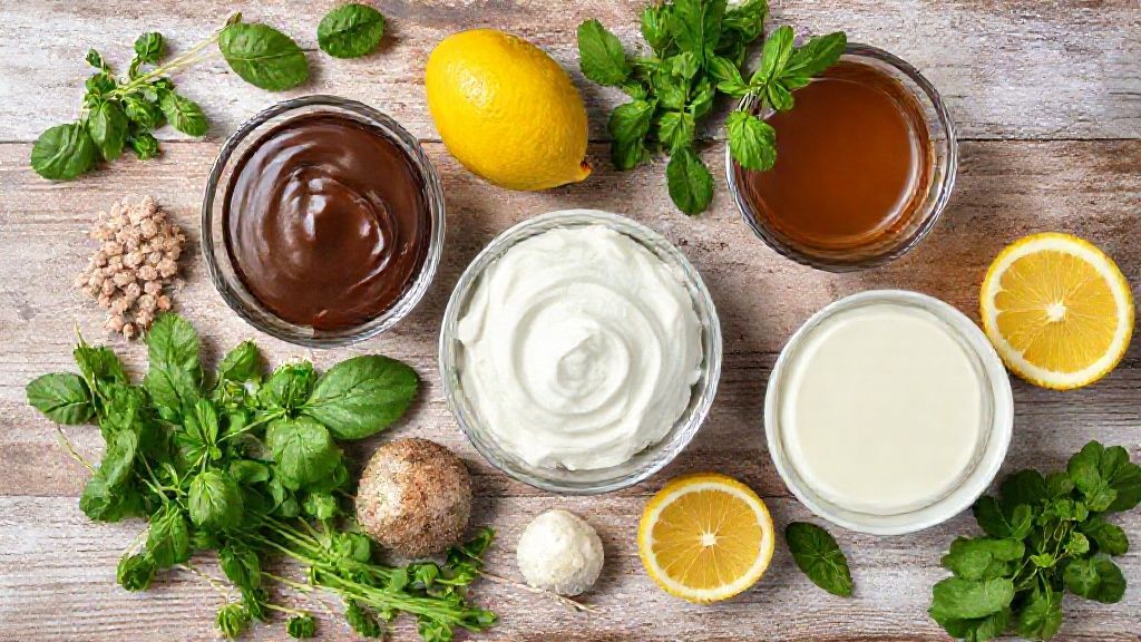 Visão de cima dos ingredientes da mousse dispostos em bancada: chocolate, limão, ovos e creme de leite.