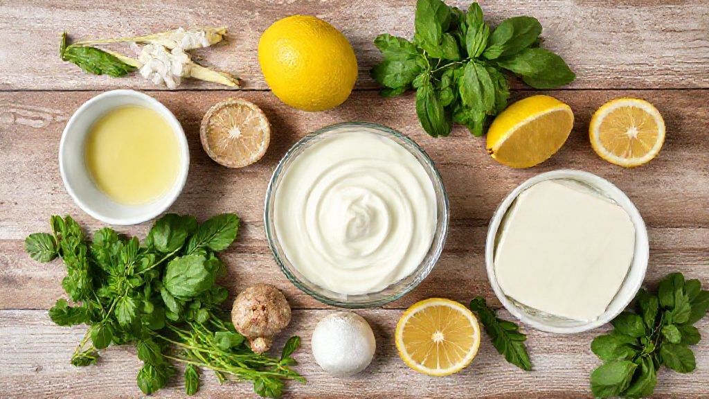 Visão de cima dos ingredientes da mousse — leite condensado, creme de leite, leite em pó e limão fresco organizados sobre bancada