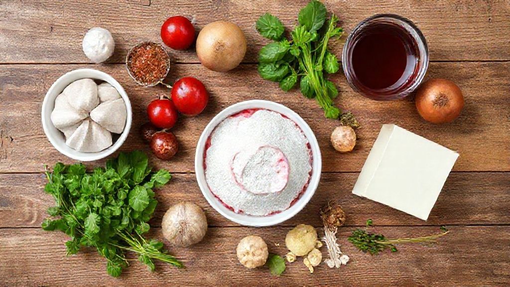 Visão de cima com os ingredientes da mousse dispostos em bancada de madeira: vinho, leite condensado, creme de leite, gelatina e ovos.