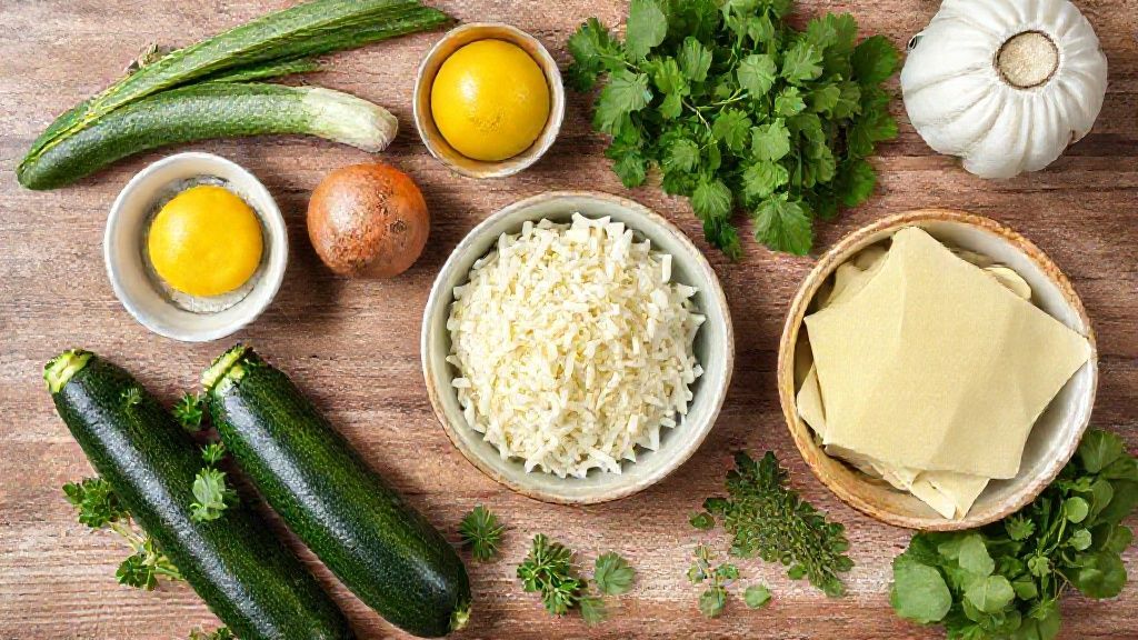 Visão de cima com ovos, abobrinha, queijo e temperos organizados sobre bancada rústica