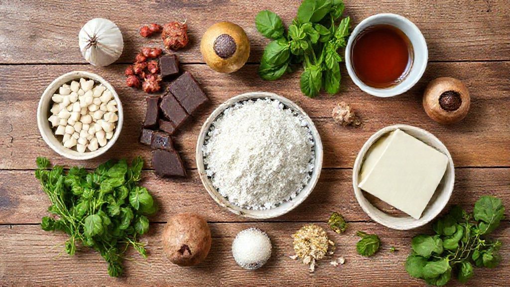 Visão de cima com ingredientes como leite condensado, chocolate e biscoitos maisena sobre bancada de madeira