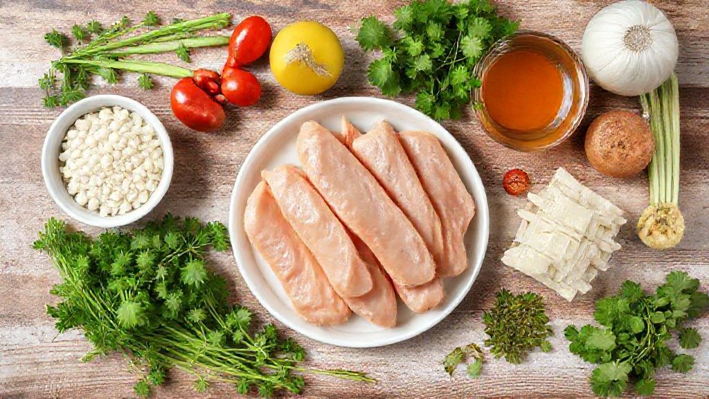 Visão de cima com os ingredientes da receita organizados em uma bancada